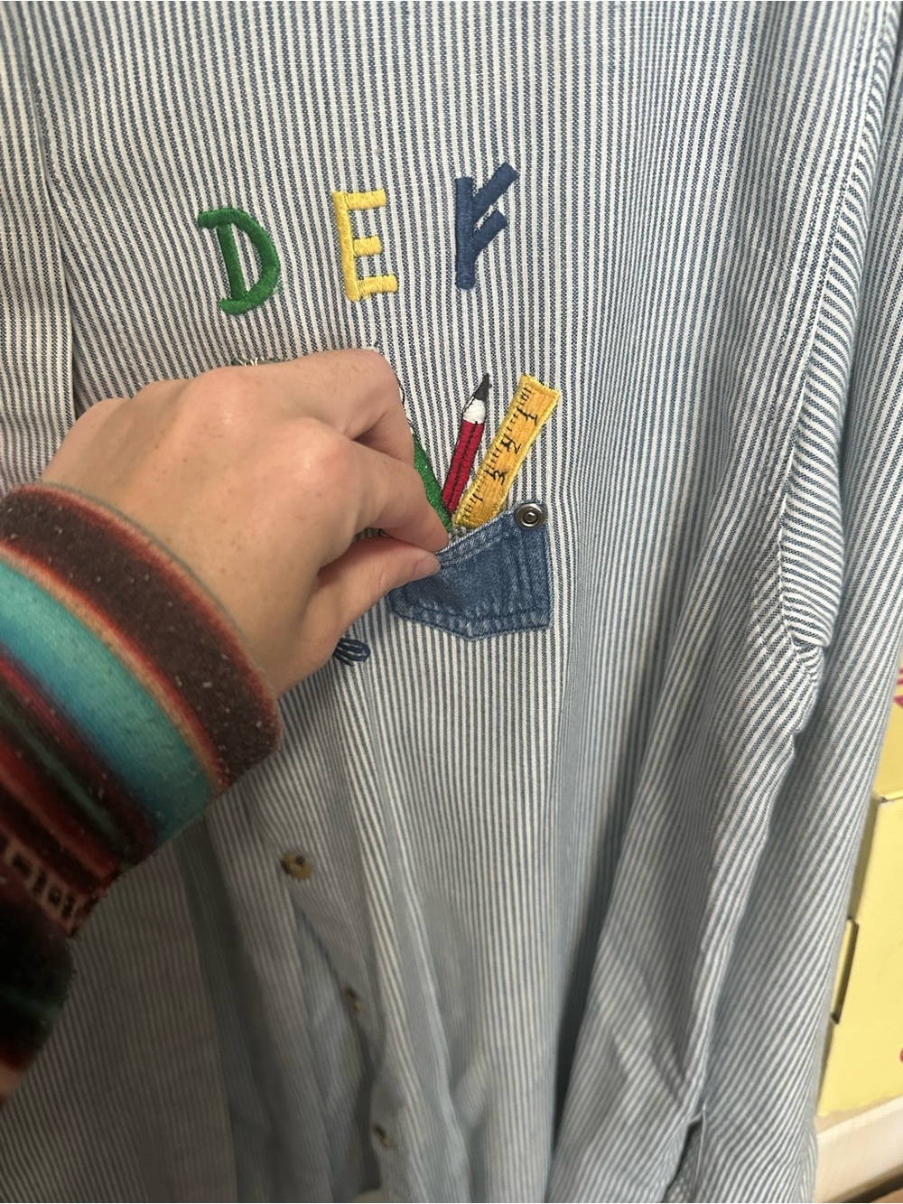 Vintage Blue and White Striped Button Down with Teacher School Themed Embroidery - Picture 7 of 9